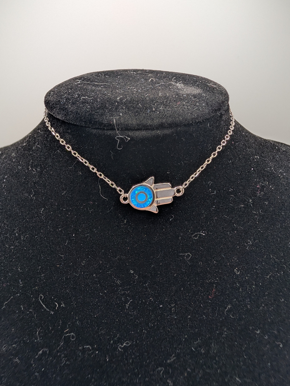 NWT .925 Sterling Silver Blue Created Opal Hamsa Evil Eye Adjustable Bracelet